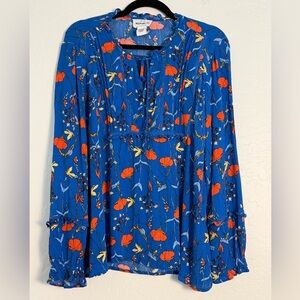 For The Republic Women Blouse Royal Blue Boho Floral Tie-Neck Flowy Relaxed Fit